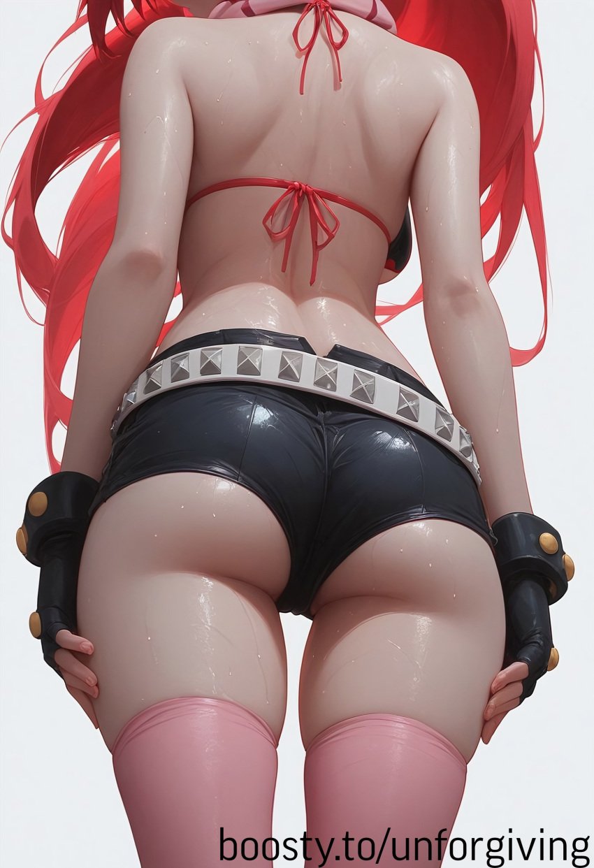 ai_generated ass ass_focus belly bikini breasts covered_nipples female flame_print girl gloves hips large_breasts long_hair pink_stockings red_hair scarf short_shorts shorts stockings tengen_toppa_gurren_lagann tight_clothing unforgiving wet wet_body wet_skin yoko_littner