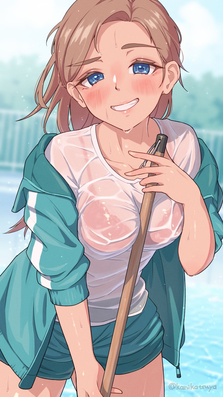 absurdres aqua_jacket aqua_shorts between_breasts blue_eyes blush brown_hair collarbone highres holding huge_breasts jacket kanikatsuya original red_bra see-through_shirt shorts smile sweat wet wet_clothes wet_shirt zipper