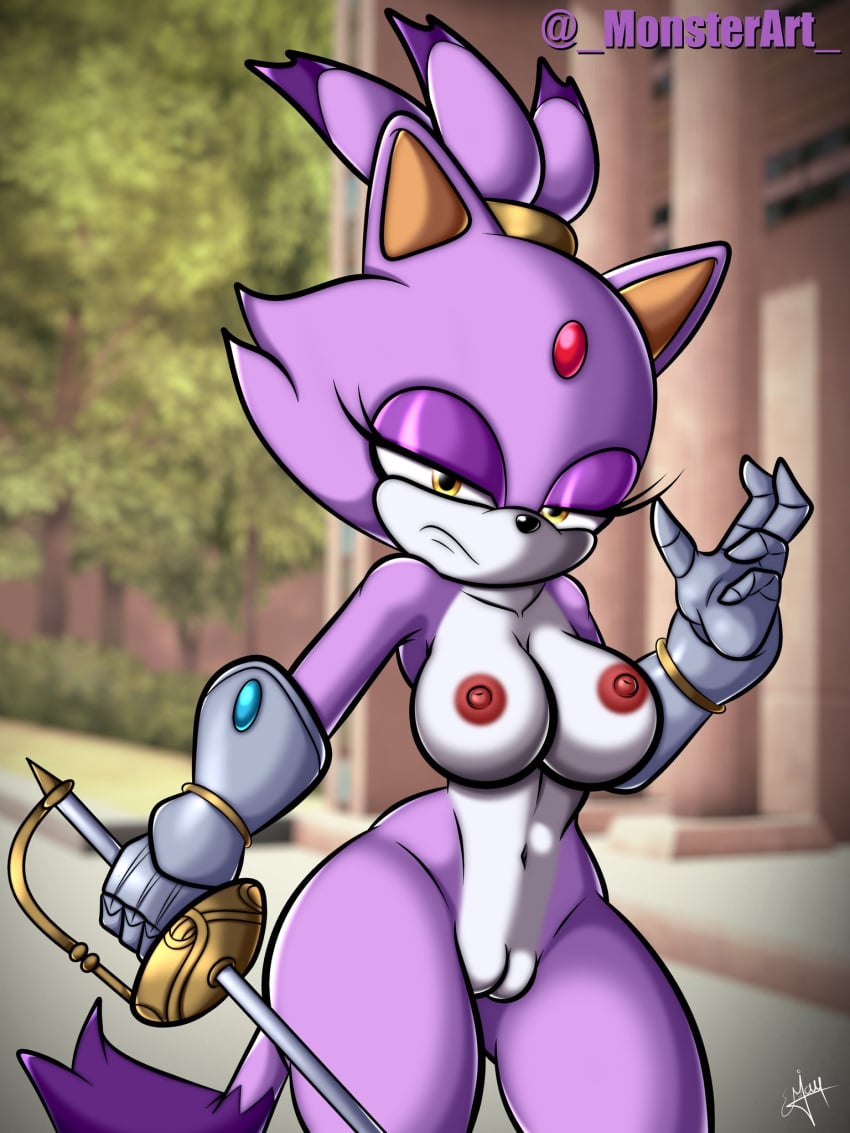 anthro anthro_female anthro_only armored_gloves big_breasts blaze_the_cat breasts cat_ears cat_humanoid cat_tail catgirl female female_only forehead_jewel furry furry_female furry_only gloves looking_at_viewer mobian_(species) monsterart public public_nudity pussy shiny shiny_hair sir_percival_(sonic_and_the_black_knight) solo solo_female sonic_(series) sonic_and_the_black_knight sonic_the_hedgehog_(series) sword