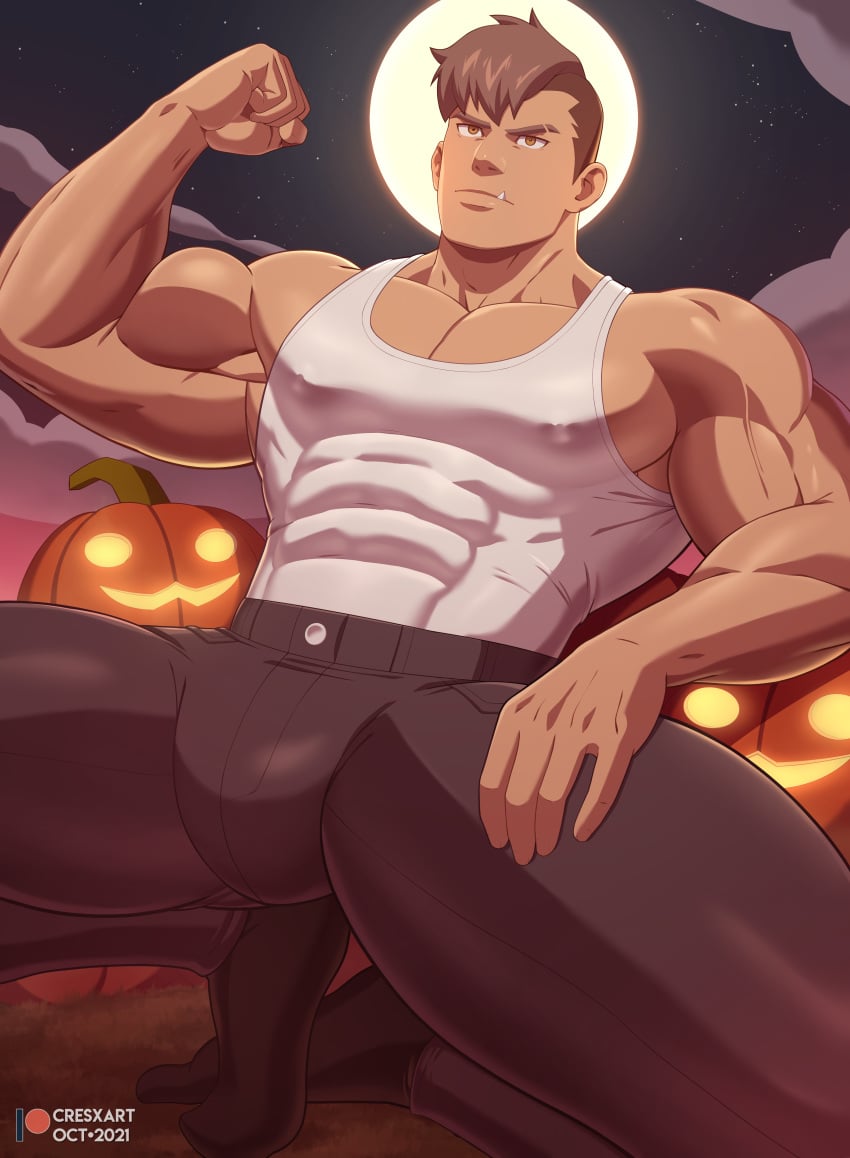 abs all_saints_street bara biceps big_bulge bulge clothing cresxart damao flexing_bicep grey_hair halloween holidays male male_nipples male_only manly mohawk mohawk_(hairstyle) muscular_male nipples pecs tight_clothing tusks vladimir_elliot_kirilenko wan_sheng_jie werewolf