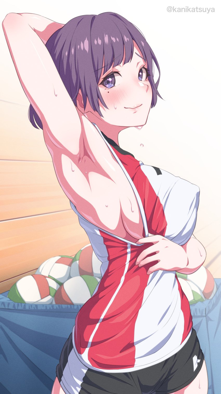 1girls armpits big_breasts blush female huge_breasts kanikatsuya large_breasts presenting_armpit purple_eyes purple_hair shirt_pull shorts showing_armpits smile sweat sweatdrop sweating tagme volleyball volleyball_shorts volleyball_uniform