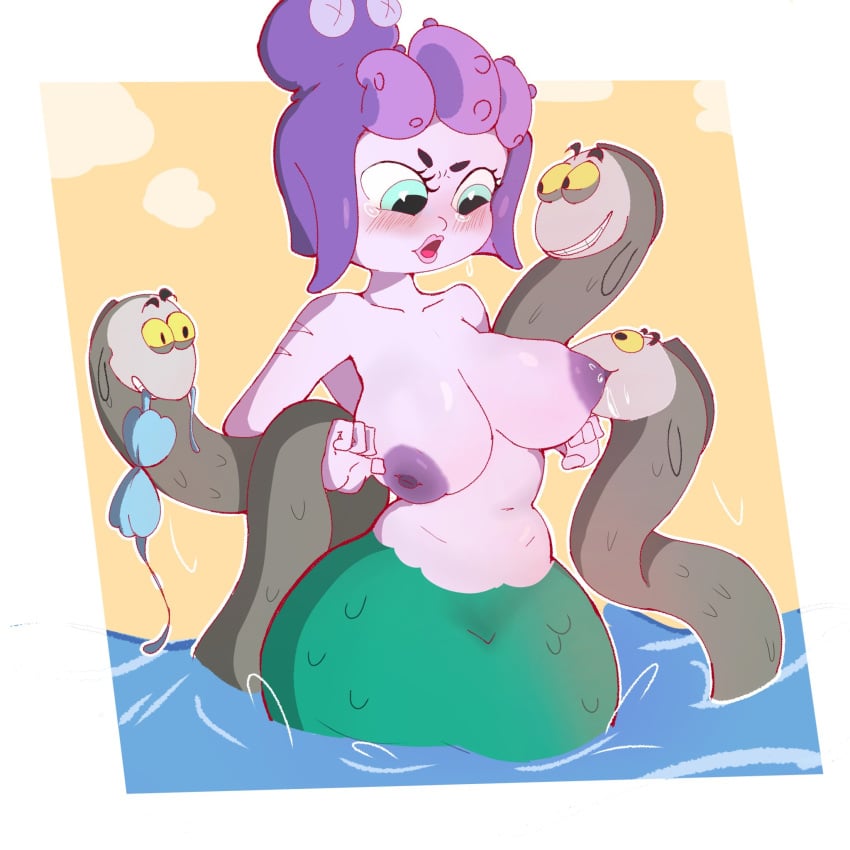 1girls 2024 aqua_eyes areolae bikini_top_removed blush breast_sucking breasts cala_maria cuphead_(game) darzhii eel female female_only giantess hi_res marine merfolk mermaid nipple_suck nipples purple_hair shell_bikini solo tentacle_hair yellow_eyes