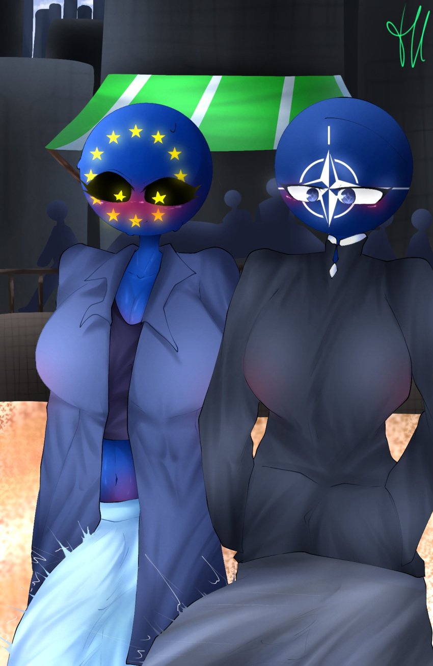 2futas 44waa29304 blushing breasts cleavage clothed clothing countryhumans countryhumans_girl duo erection erection_under_clothes european_union_(countryhumans) fully_clothed futa_only futanari huge_cock humanoid looking_at_another multiple_penises nato_(countryhumans) open_shirt penis squatting star_eyes tagme