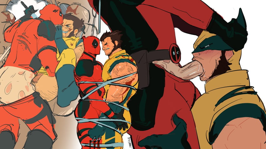 2boys anal arm_hair ass bara beard belt bleeding blood blood_on_face blue_gloves blush bodysuit bound bound_together brown_hair car_interior claws clenched_hand clenched_teeth deadpool deadpool_&_wolverine deadpool_&_wolverine_(2024) deadpool_(series) erection evil_grin evil_smile facial_hair fellatio gay gloves grabbing_another's_ass grin groping highres holding impaled large_pectorals leg_hair looking_at_another male_focus marvel marvel_comics mask mikeyyangel0 multiple_boys oral pectoral_docking pectoral_press pectorals profile red_bodysuit red_mask sex simple_background sleeveless smile spread_legs superhero_costume teeth testicles tied_up_(nonsexual) two-tone_swimsuit veins wolverine_(x-men) x-men yaoi yellow_bodysuit