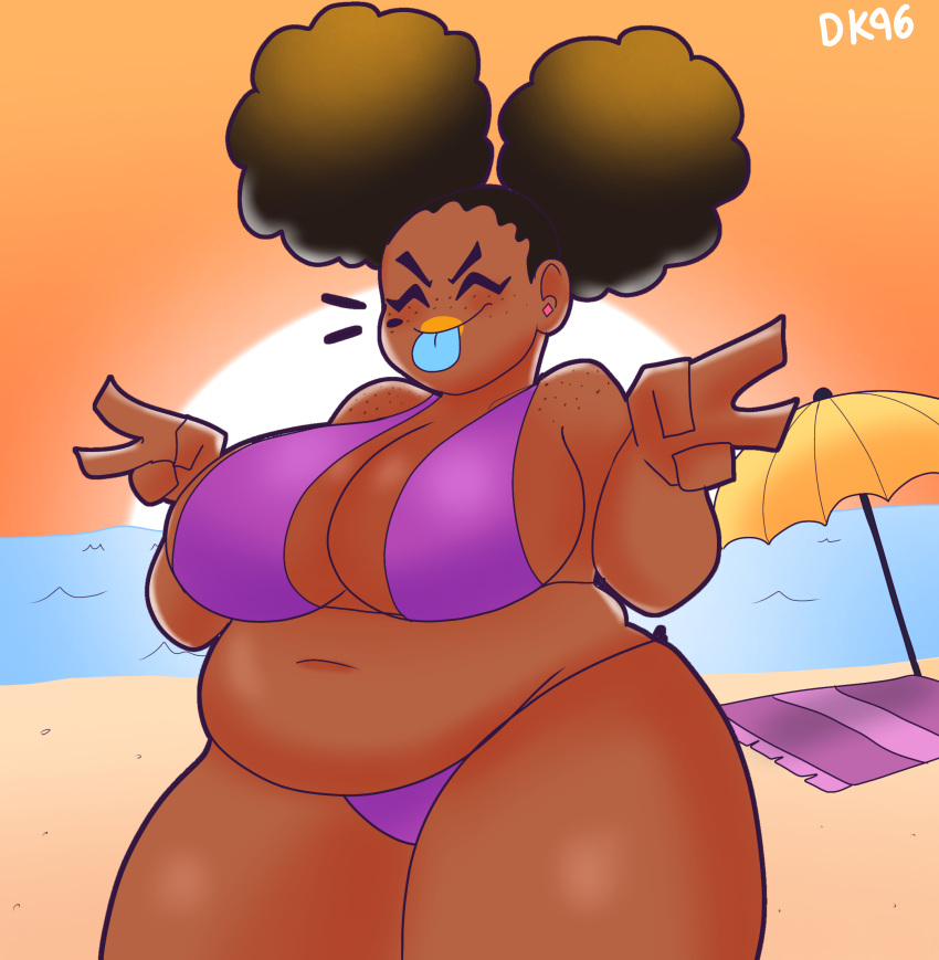 background bbw beach beach_towel belly big_belly big_breasts big_thighs bikini breasts chubby_belly chubby_female cleavage daisykitty96 dark-skinned_female female melody_(daisykitty96) peace_sign remake sand thick_thighs