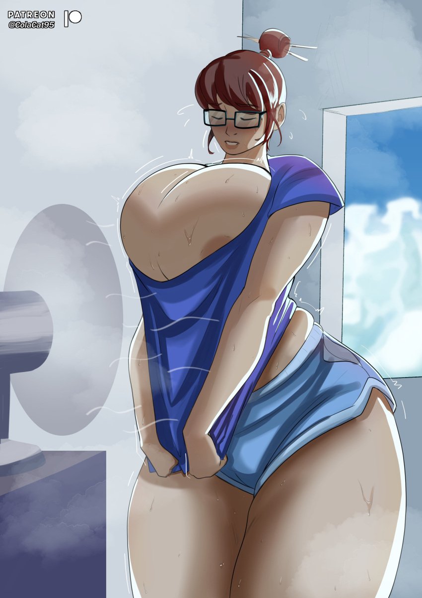 1girls absurd_res breasts brown_hair closed_eyes colacat95 fan female female_only glasses hi_res large_breasts mei_(overwatch) overwatch solo sweat thick_thighs thighs wide_hips