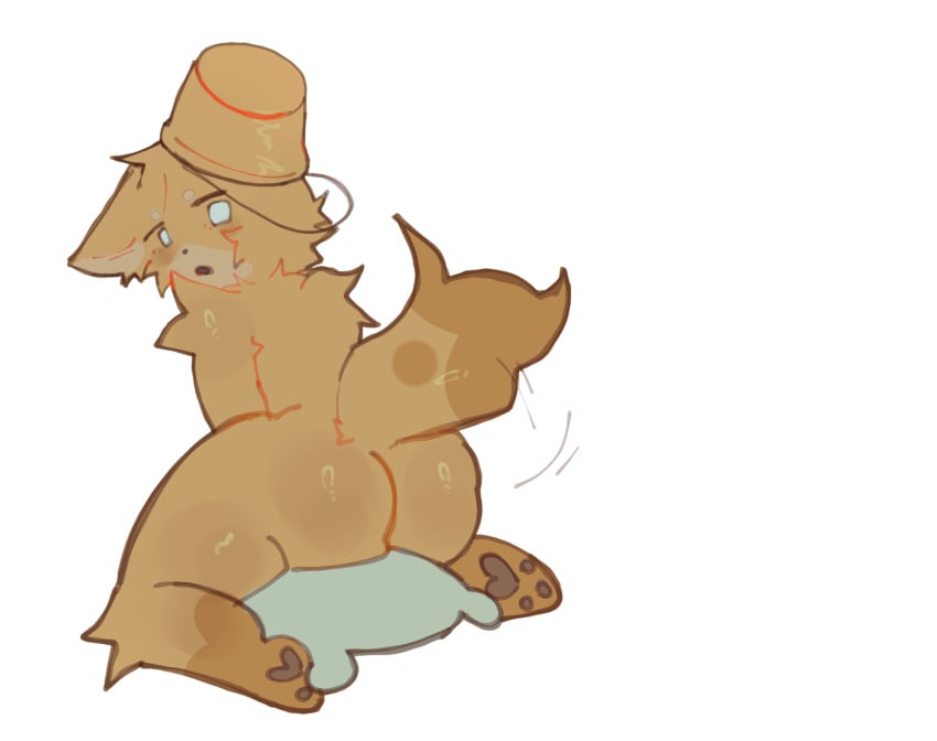 :o alternate_version_available anthro ass bucket bucket_hat catte_(kaiju_paradise) furry hi_res imminent_fart irougaki kaiju_paradise male orange_body orange_fur roblox roblox_game shocked simple_background sitting_on_another sitting_on_pillow solo source_request tagme tail