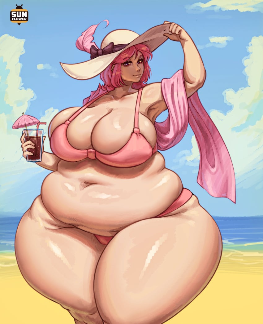 1girls bbw beach belly big_breasts breasts fat fat_thighs female female_only hat huge_belly huge_breasts light-skinned_female light_skin obese obese_female overweight pink_hair solo sunflower_art swimsuit thick_thighs wendy_(steelybird)