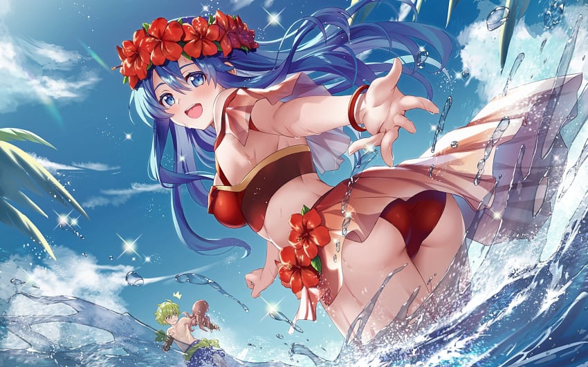 1boy 1girls alternate_costume animal ass big_ass bikini blue_eyes blue_hair blue_sky blue_swim_trunks blush breasts brown_gloves cloud day female female_focus fingerless_gloves fire_emblem fire_emblem:_the_binding_blade fire_emblem_heroes floating_hair flower gloves green_hair head_wreath highres lilina_(fire_emblem) lilina_(summer)_(fire_emblem) long_hair looking_at_viewer male male_swimwear medium_breasts ocean octopus official_alternate_costume open_mouth partially_submerged reaching reaching_towards_viewer red_bikini red_flower red_swimsuit short_hair sky smile solo_focus swim_trunks swimsuit topless_male water wolt_(fire_emblem) wolt_(summer)_(fire_emblem) yuki_(yuki2061)