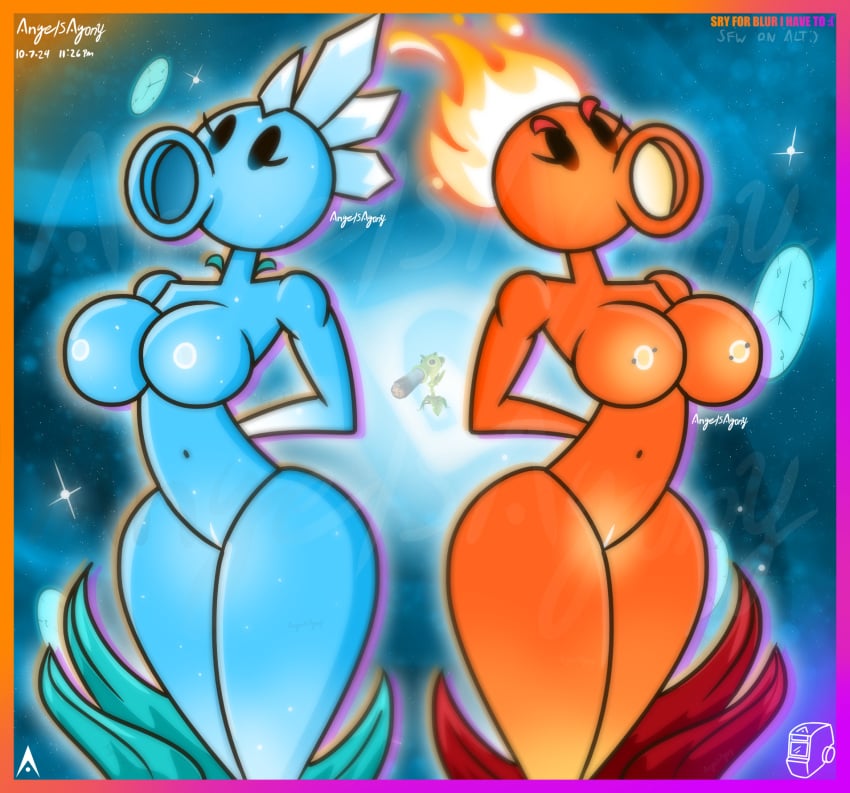 2d 2d_(artwork) 2girls agonywelds angelsagony ass big_breasts curvy eyebrows eyelashes female fire fire_peashooter_(pvz) glowing glowing_genitalia ice nipples plant plant_girl plantie plants_vs_zombies pussy pvz snow_pea_(pvz) thick_ass thick_thighs thighs wide_hips