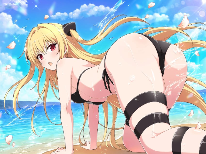 all_fours armpit_crease ass ass_focus back bare_arms bare_back bare_belly bare_legs bare_shoulders bare_thighs beach bikini black_bikini blonde_hair blush body_blush breasts cone_hair_bun crossover front-tie_bikini_top hair_bun hair_ornament konjiki_no_yami leg_belt long_hair marvelous ocean official_art open_mouth outdoors red_eyes senran_kagura_new_link sexually_suggestive shiny small_breasts thigh_strap thighs to_love-ru twintails underboob water wet_body wet_hair