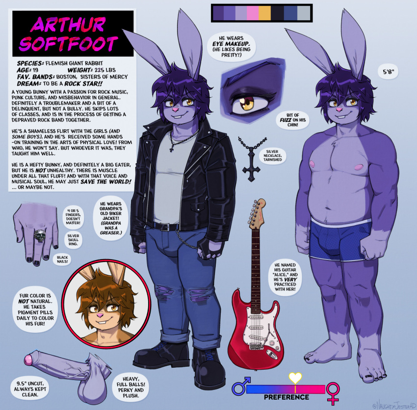 anthro arthur_(lapinbeau) balls big_balls big_penis blue_background boots bottomwear briefs bulge clothing denim denim_bottomwear denim_clothing domestic_rabbit english_text erection fingerless_gloves flemish_giant footwear foreskin fur genitals gloves hair half-closed_eyes handwear hi_res huge_balls huge_cock humanoid_genitalia humanoid_penis jacket jeans jewelry lagomorph lapinbeau leather leather_clothing leather_jacket leather_topwear leporid male male_only mammal model_sheet narrowed_eyes necklace oryctolagus pants penis purple_body purple_fur purple_hair rabbit shoes simple_background slightly_chubby slightly_chubby_anthro slightly_chubby_male smile solo text topwear underwear vein veiny_penis wallet_chain