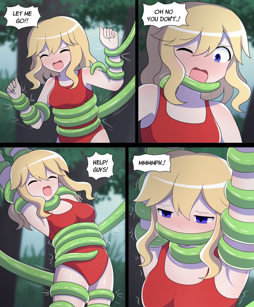 blonde_hair blue_eyes blush comic_page lazzysin plant plant_tentacle restrained swimsuit tagme tentacle tentacle_gag