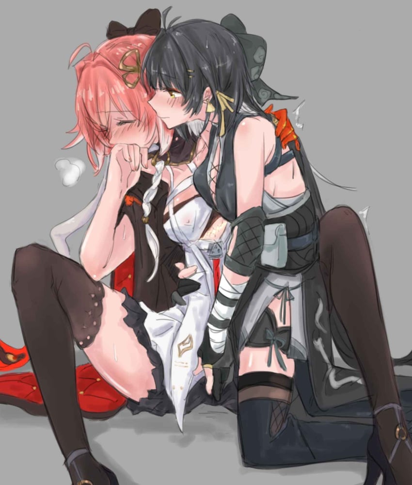 2girls artist_request black_hair blush changli_(wuthering_waves) covering_mouth female_rover_(wuthering_waves) fingering fully_clothed nipples_visible_through_clothing red_hair rover_(wuthering_waves) trembling wuthering_waves yuri