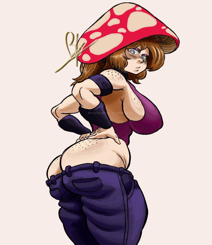 1girls ass big_breasts blue_eyes brown_hair clothing female freckles garp_sand mom_(garp_sand) mushroom mushroom_girl mushroom_humanoid original_character sideboob