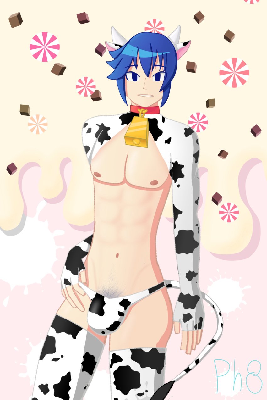 1boy animal_print bell blue_hair collar cow_costume cow_ears kaito_(vocaloid)