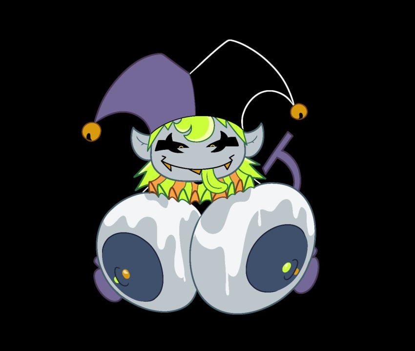 bells big_breasts bit-fruity black_background black_sclera breasts breasts_bigger_than_head cum cum_on_breasts deltarune holding_breast holding_own_breast jester jester_hat jevil_(deltarune) looking_down pierced_nipples piercing piercings pointed_ears rule_63 sharp_teeth simple_background tail tongue tongue_out yellow_eyes