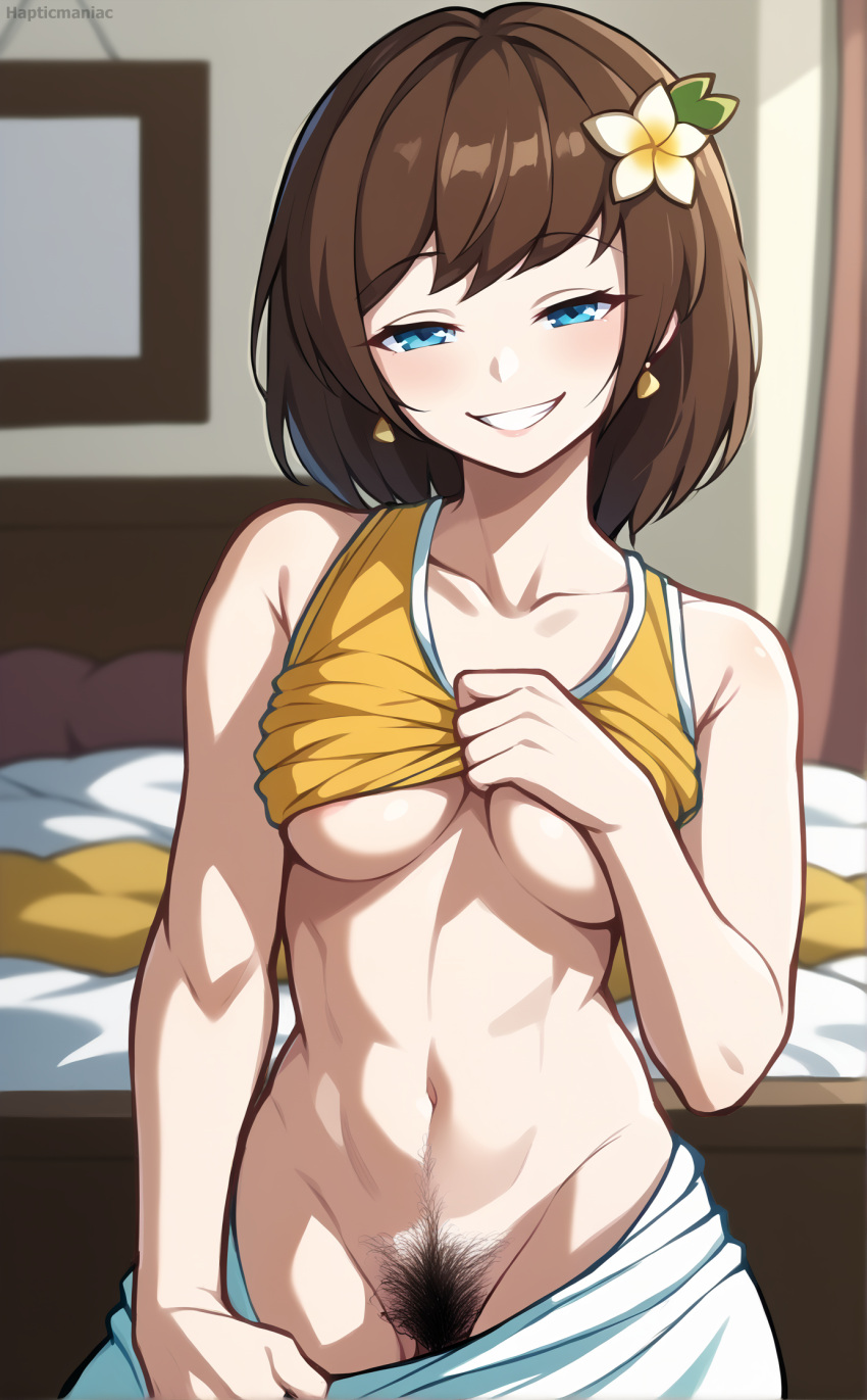 1girls ai_generated bed bedroom blurry_background brown_hair collarbone earrings excessive_pubic_hair female female_pubic_hair flower_in_hair hair_flower hair_ornament half-closed_eyes hana_macchia hapticmaniac indoors jewelry long_skirt medium_hair navel nijisanji nijisanji_indonesia pubic_hair pulled_by_self seductive seductive_look seductive_smile shirt_lift skinny skirt skirt_pull sleeveless small_breasts solo solo_female solo_focus stable_diffusion tank_top tank_top_lift underboob undressing virtual_youtuber vtuber white_skirt