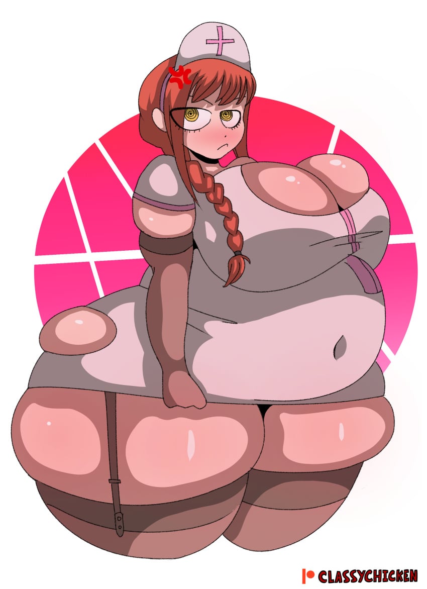 after_vore ass_expansion breast_expansion breasts chainsaw_man chubby_female classychicken34 fat_ass fat_belly female_pred garter_straps huge_ass huge_breasts looking_at_viewer makima_(chainsaw_man) nurse nurse_cap nurse_uniform post_vore ripped_clothing sexy_nurse thick_thighs thigh_expansion thighhighs vore wardrobe_malfunction weight_gain wide_hips