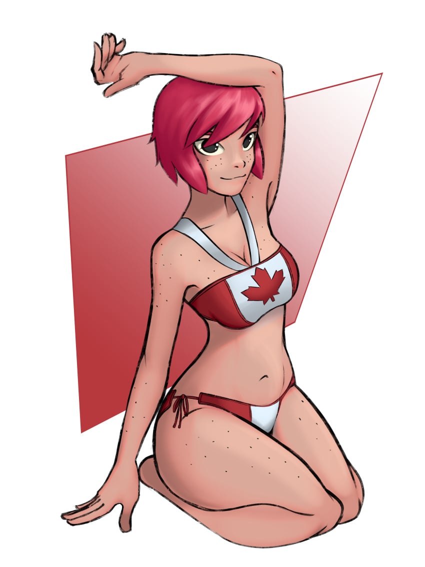 1girls arm_up armpits bikini black_eyes canada female freckles freckles_on_arms freckles_on_breasts freckles_on_face freckles_on_shoulders freckles_on_thighs full_body kim_pine kneeling maple_leaf raccsquisite1 red_hair scott_pilgrim short_hair solo solo_female striped_bikini