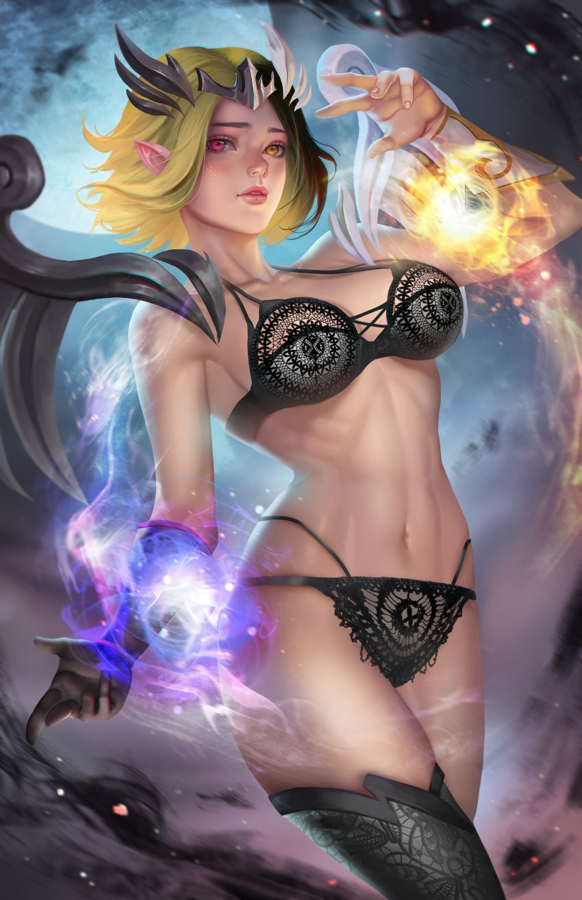 1girl breasts digital_media_(artwork) elf_ears elf_female female_focus female_only heterochromia light-skinned_female lingerie lunox_(mobile_legends) mobile_legends mobile_legends:_bang_bang pussy tagme thick_thighs wings