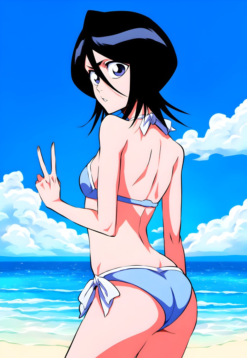 1girls absurd_res absurdres ai_generated ass back back_view beach bikini black_hair bleach blue_bikini blue_eyes blue_sky cloud clouds duderu eyebrows female female female_only from_behind hair_between_eyes hand_up hi_res high_resolution highres kuchiki_rukia kuchiki_rukia looking_at_viewer looking_back medium_hair ocean open_mouth outdoors outside peace_sign side-tie_bikini side-tie_bikini_bottom skinny sky small_breasts solo solo_female solo_focus swimsuit teeth turned_around v_sign water