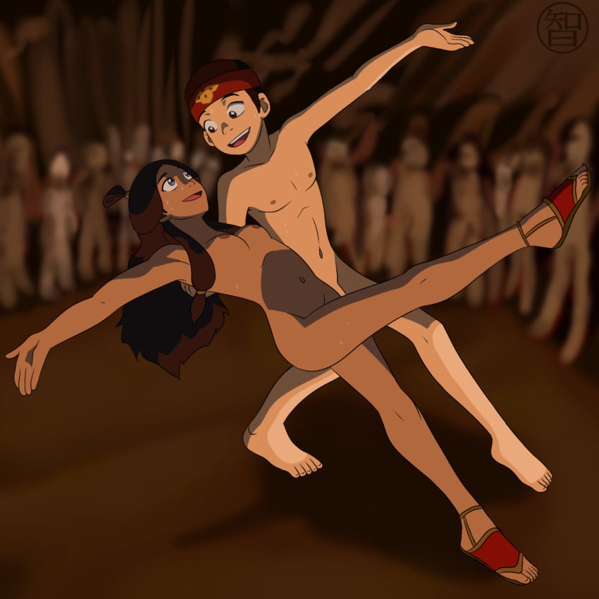 1boy 1girls aang air_nomad airbender_tattoo armpit armpits avatar_legends avatar_the_last_airbender blue_eyes breasts brown_eyes brown_hair canon_couple casual_nudity chocolate_and_vanilla coldfusion completely_nude dance dancing dark-skinned_female female fire_nation full_body headband katara leg_up light-skinned_male long_hair looking_at_each_other looking_at_partner male male_and_female_focus naked naked_footwear nipples nonsexual_nudity nsfw nude nude_female nude_male public public_nudity sandals smile sweat sweaty sweaty_body the_avatar water_tribe