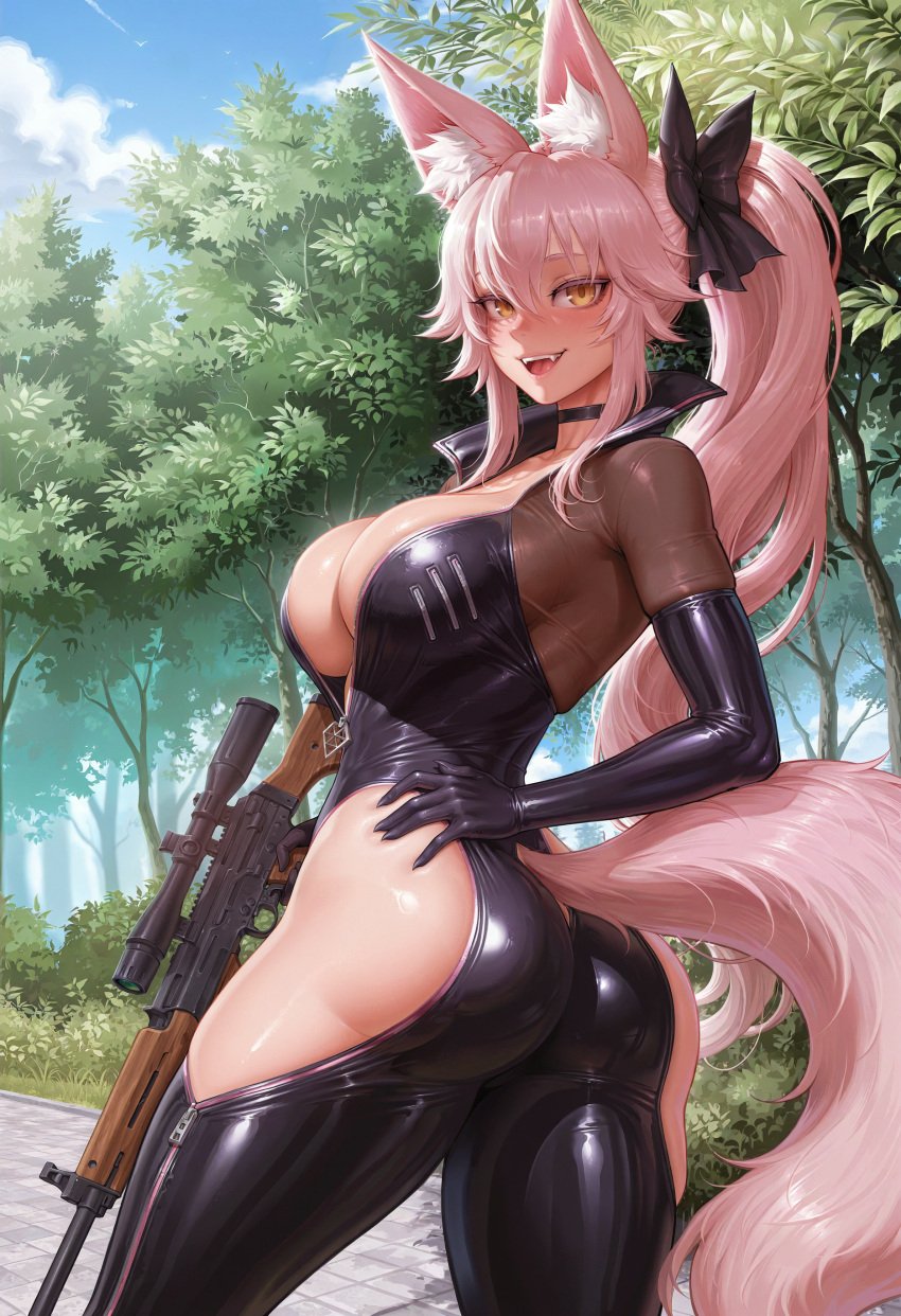 1girls ai_generated animal_ear_fluff animal_ears ass black_bodysuit blush bodysuit bow breasts center_opening dragunov_svd female fox_ears fox_girl fox_tail gun hair_between_eyes hairbow hip_vent knightus_ai koyanskaya_(assassin_first_ascension) large_breasts long_hair looking_at_viewer oerba_yun_fang open_clothes open_mouth outdoors pink_bow pink_hair ponytail rifle sidelocks skin_fang smile sniper_rifle solo tail thick_thighs thighs weapon yellow_eyes zipper