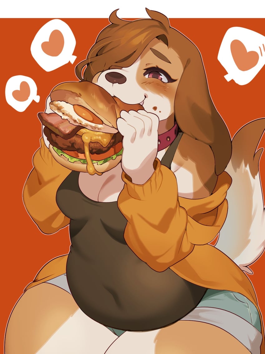 1girls anthro bacon belly blush bottomwear breasts brown_body brown_fur brown_hair burger canid canine canis cheese chubby chubby_female cleavage clothed clothing collar cute cutoffs dairy_products denim denim_bottomwear denim_clothing detailed detailed_food digital_drawing_(artwork) dipstick_tail domestic_dog eating eating_food egg eyebrows female female_anthro female_only female_solo floppy_ears food food_on_face fried_egg fruit fur gradient_background hair hair_over_eye hair_over_one_eye heart_reaction heart_symbol hi_res holding_food holding_object hoodie icon june_(largefluffydog) kaeritai07 kneeling lettuce mammal markings meat medium_breasts navel_outline one_eye_obstructed orange_clothing orange_hoodie orange_topwear pictographics plant raised_tail red_collar shaded shirt shorts simple_background slightly_chubby slightly_chubby_female smile soft_shading solo sweater tail tail_markings tank_top thick_eyebrows thick_thighs tomato topwear vegetable warm_colors white_body white_fur wide_hips