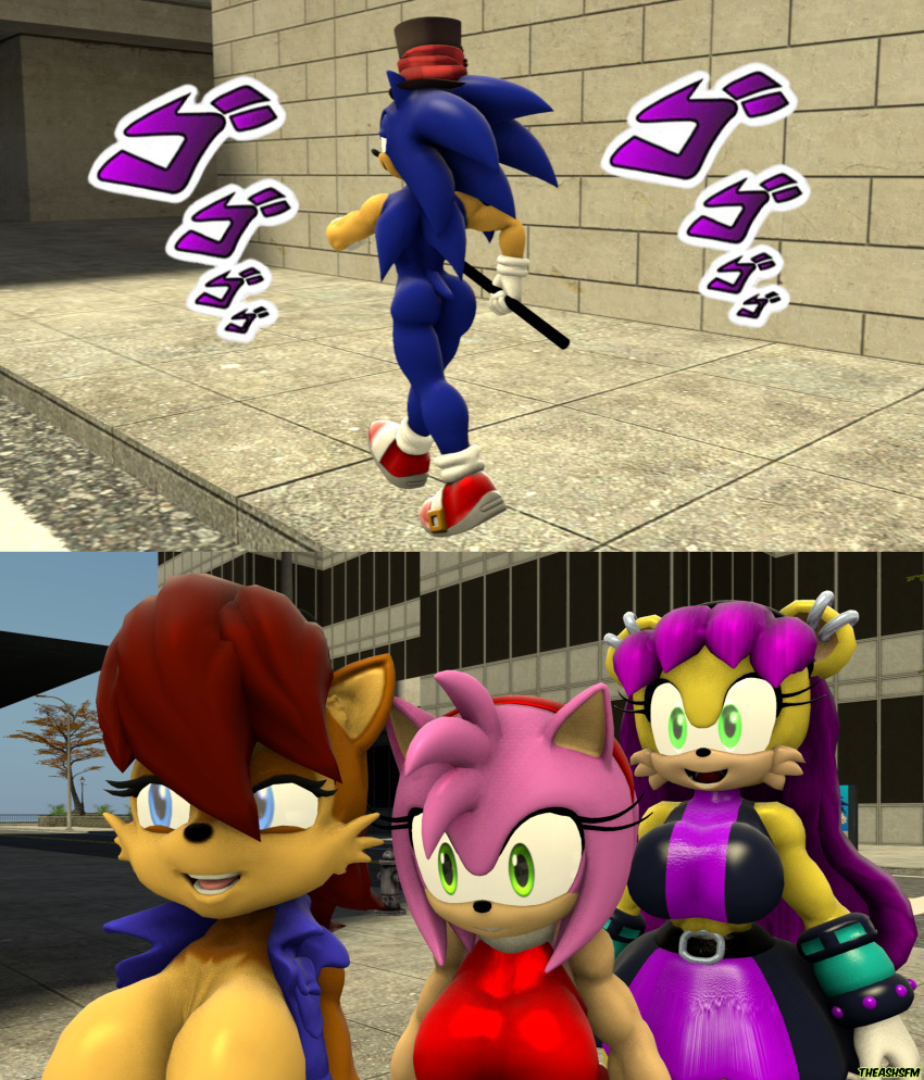 1boy 3girls amy_rose ballin city i_put_the_new_forgis_on_the_jeep looking_ass looking_at_ass mina_mongoose sally_acorn sonic_(series) sonic_the_hedgehog sonic_the_hedgehog_(series) staring_at_ass street theashsfm vamonos_de_fiesta_a_factory