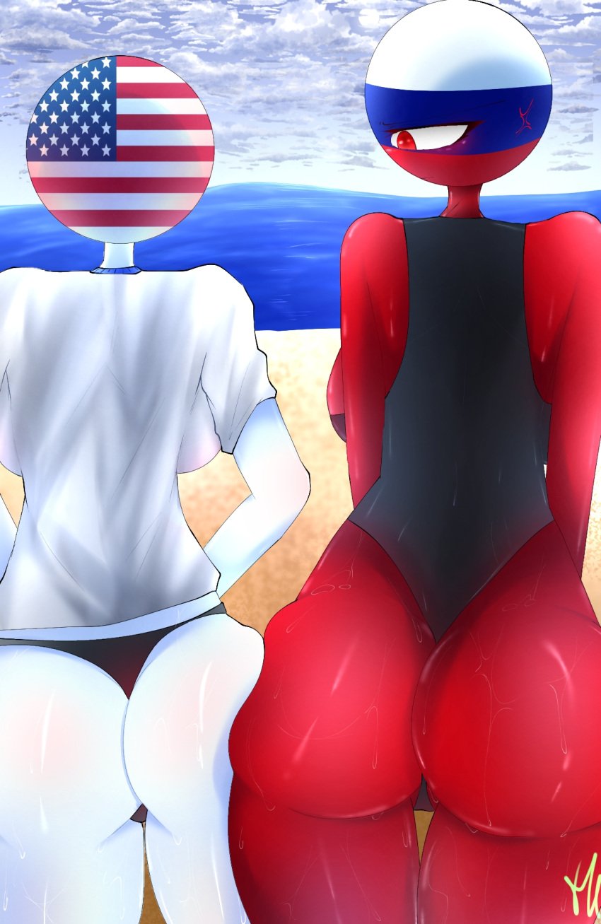 2girls 44waa29304 butt_cheeks butts_touching countryhumans countryhumans_girl panties russia_(countryhumans) swimwear t-shirt thong united_states_of_america_(countryhumans)