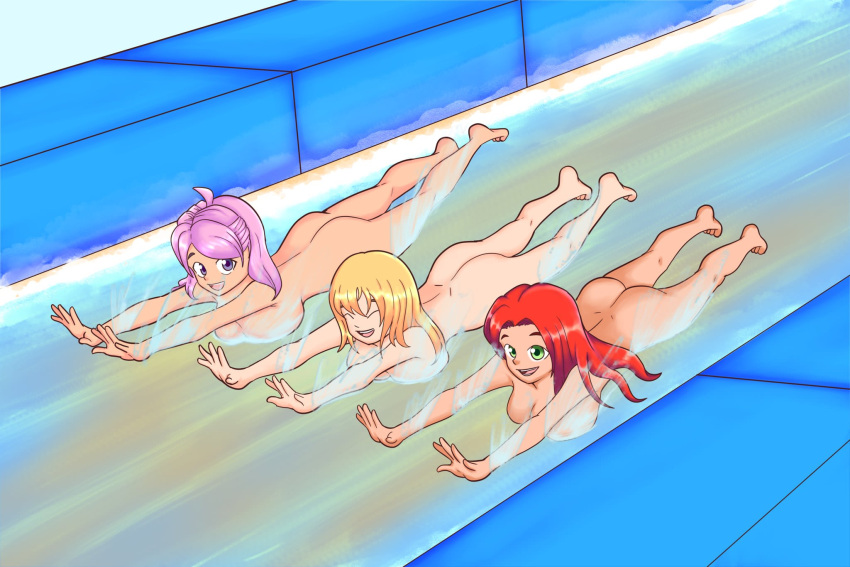 3girls ass breasts emma_cakey female nude oc tagme uc-four water_slide