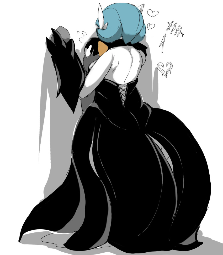 alternate_color artist_request black_dress blue_hair detached_sleeves dress female femdom from_behind full_body gardevoir heart mega_gardevoir mega_shiny_gardevoir no_humans pokémon_(species) pokemon pokemon_(species) pokemon_rse shiny_gardevoir shiny_pokemon short_hair simple_background standing white_background