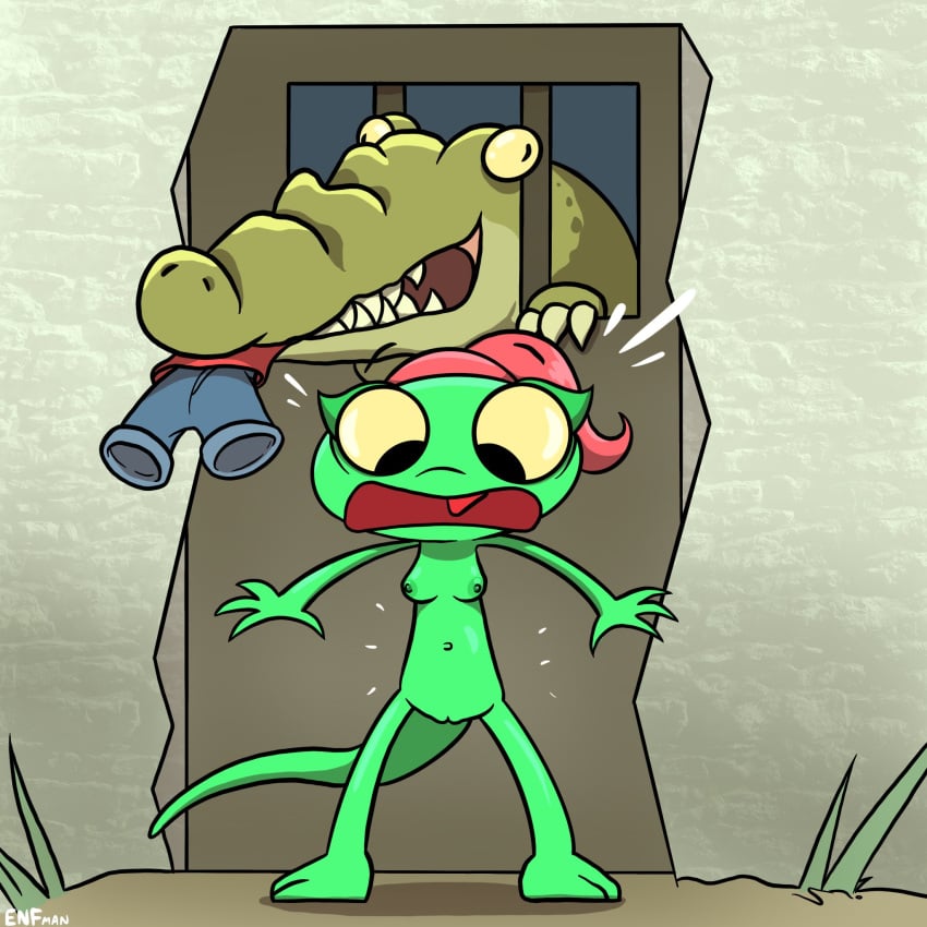 alligator alligatorid anthro assisted_exposure breasts clothing clothing_theft crocodilian dreamworks female genitals hi_res lizard lizzie_green_(dreamworks) looking_down nipples nude nude_anthro pussy reptile scalie solo startled stealing theenfman wardrobe_malfunction