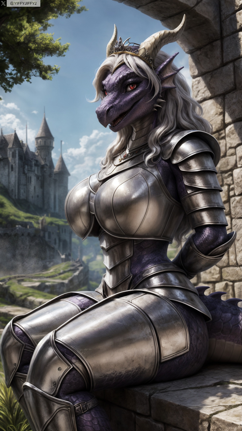 ai_generated anthro armor arms_behind_back artist_name breasts castle colored_skin day dragon_girl dragon_horns female female_anthro furry furry_female hi_res high_resolution highres horns large_breasts long_hair looking_at_viewer outdoors photorealistic realistic red_eyes reptile scales scalie sitting solo stable_diffusion tail tree twitter twitter_username watermark yiffyjiffy2 yiffyjiffy69