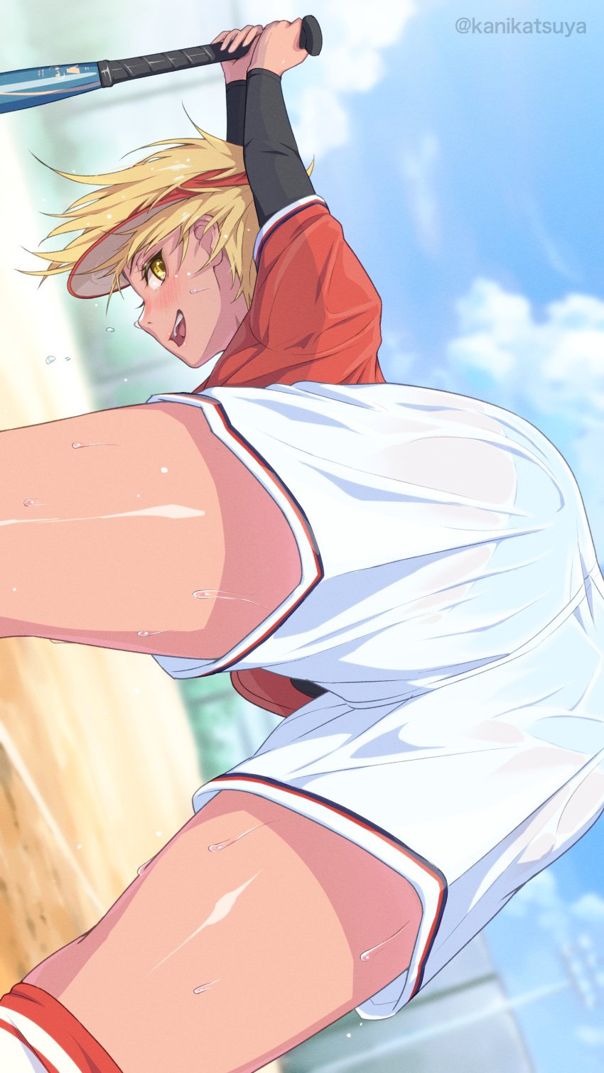 absurdres ass baseball_bat baseball_uniform blonde_hair blue_panties dark-skinned_female dark_skin day female highres kanikatsuya original outdoors panties pantylines see-through shorts solo sportswear sweat tan underwear visor_cap yellow_eyes