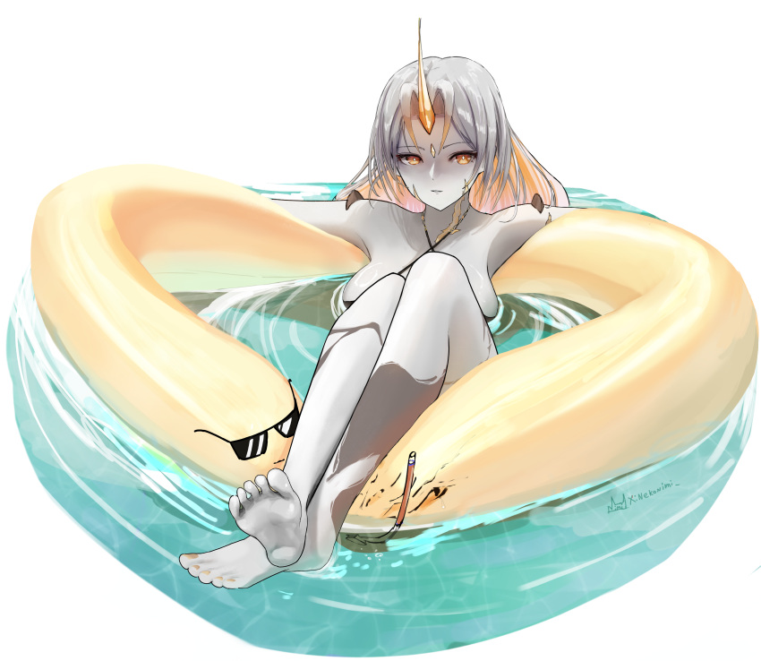 1girls absurdres alternate_costume artist_name barefoot bikini black_bikini black_swimsuit breasts female female female_only fire_emblem fire_emblem_heroes grey_hair gullveig_(fire_emblem) gullveig_(summer)_(fire_emblem) highres horns in_water innertube large_breasts long_hair looking_at_viewer multicolored_hair nephing nintendo official_alternate_costume on_innertube orange_eyes orange_hair parted_lips single_horn solo swim_ring swimsuit transparent_background two-tone_hair