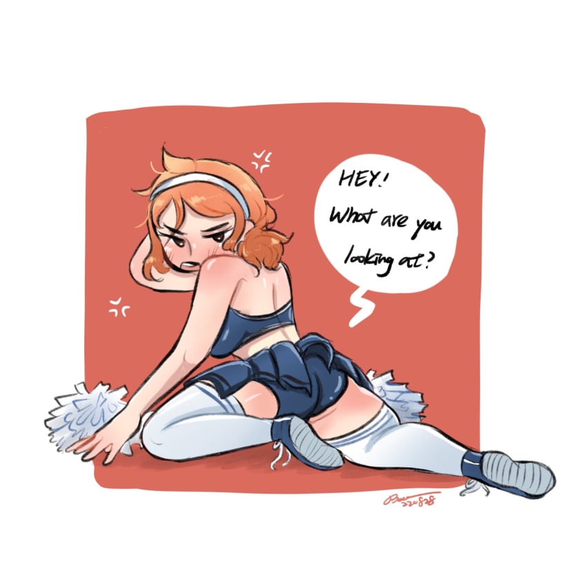 1girl blush cheerleader fanart fanart_from_twitter female from_behind ginger ginger_hair hairband orange_hair original_character salaciouspeachy short_hair tagme thighhighs