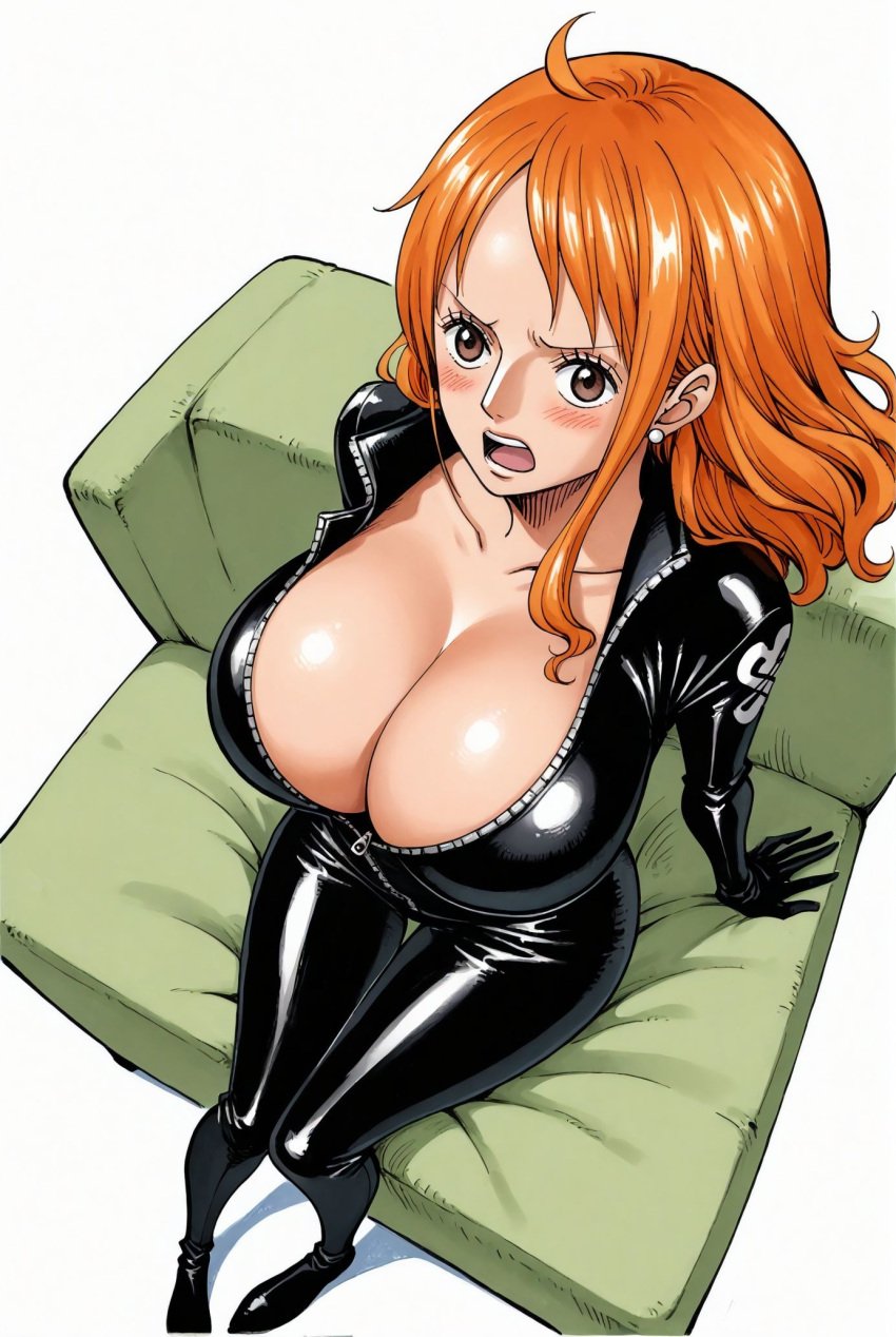 ai_generated alluring big_breasts blush bodysuit breasts brown_eyes female female_only latex latex_bodysuit latex_clothing latex_suit looking_at_viewer nami nami_(one_piece) one_piece orange_hair seducing seduction seductive seductive_body seductive_eyes seductive_gaze seductive_look seductive_mouth seductive_pose seductive_smile shiny_hair shiny_skin shiny_suit skin_tight voluptuous voluptuous_female yashin zipper zipper_pull_tab