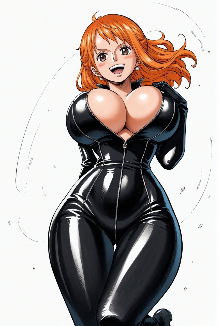 ai_generated alluring big_breasts blush bodysuit breasts brown_eyes female female_only latex latex_bodysuit latex_clothing latex_suit looking_at_viewer nami nami_(one_piece) one_piece orange_hair seducing seduction seductive seductive_body seductive_eyes seductive_gaze seductive_look seductive_mouth seductive_pose seductive_smile shiny_hair shiny_skin shiny_suit skin_tight voluptuous voluptuous_female yashin zipper zipper_pull_tab