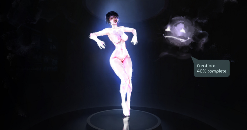 artificial_intelligence breasts closed_eyes convolute covering covering_body dark_background digital_creature female floating genitals glowing glowing_body hi_res human humanoid mammal nanite nanites nude open_mouth progress_display pussy squel