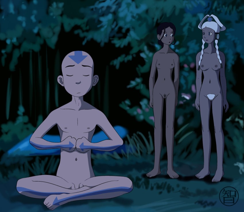 1boy 2girls aang air_nomad airbender_tattoo avatar_legends avatar_the_last_airbender bald breasts coldfusion female human katara male multiple_girls naked nude nude_female nude_male penis pubic_hair pussy the_avatar water_tribe yue