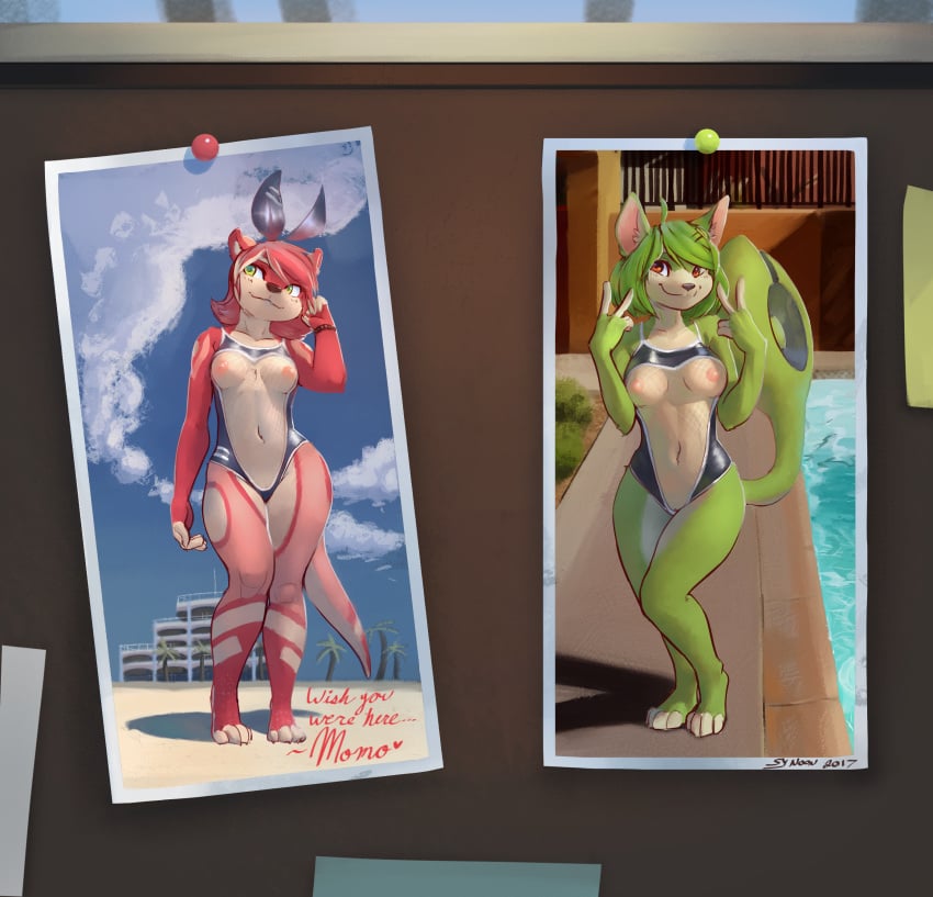 anthro breasts clothed clothing duo feline female green_fur mammal momo_(sy_noon) mustelid nipples otter partially_clothed pussy sitri swimsuit sy_noon