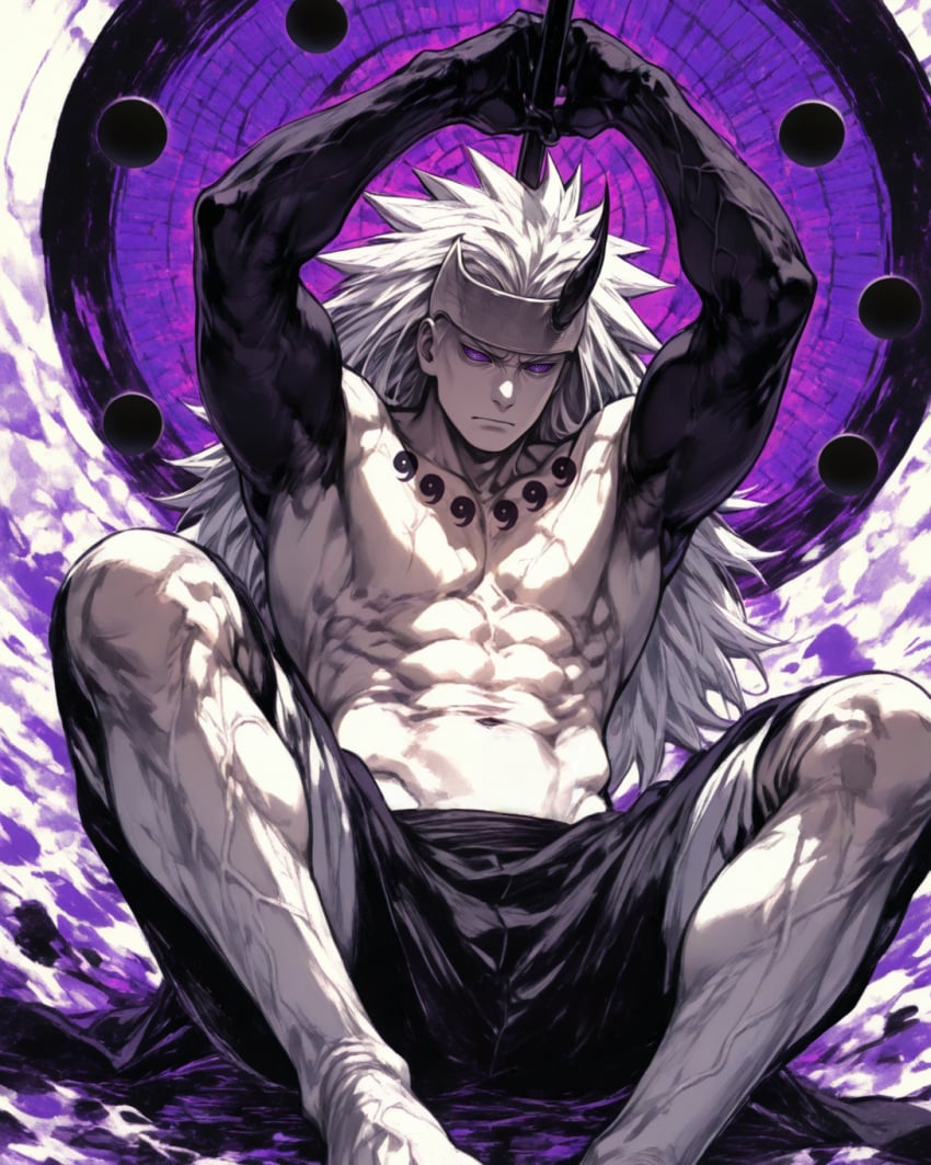 1boy abs ai_generated armpits arms_up boruto:_naruto_next_generations closed_mouth clothing colored_skin full_body grey_skin headband headwear high_resolution holding holding_object holding_sword holding_weapon horns long_hair looking_at_viewer male male_focus muscles muscular muscular_male naruto naruto_shippuden navel pants pectorals purple_eyes shorts sitting solo sword topless topless_male uchiha_madara veins weapon white_hair