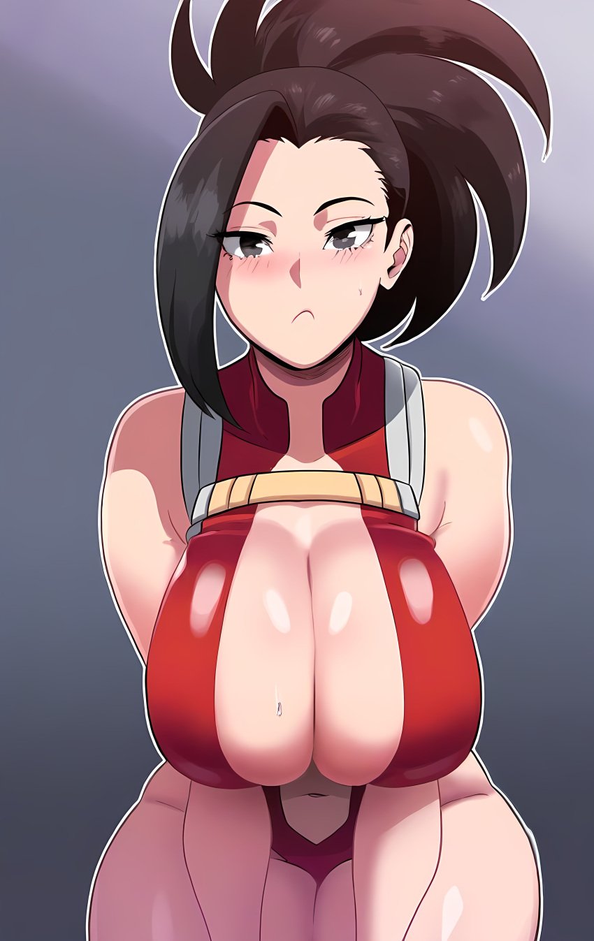 1girls ai_generated big_breasts black_hair boku_no_hero_academia cleavage female huge_breasts large_breasts leotard momo_yaoyorozu mullon my_hero_academia novelai ponytail solo superheroine top_heavy