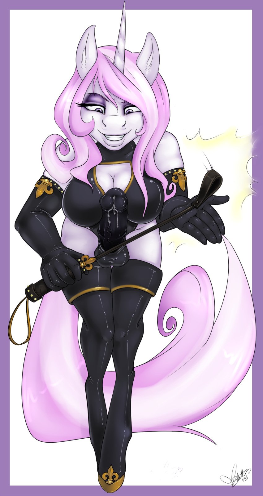 2015 animal_genitalia animal_penis anthro anthrofied armwear border clothed clothing cum dickgirl dominatrix elbow_gloves equine equine_penis erection fleur_de_lis_(mlp) friendship_is_magic front_view gloves hair half-closed_eyes hi_res holding_object horn horsecock intersex long_hair looking_at_viewer mammal multicolored_hair my_little_pony outside_border penis precum riding_crop signature simple_background skuttz solo thigh_boots two_tone_hair unicorn whip white_background