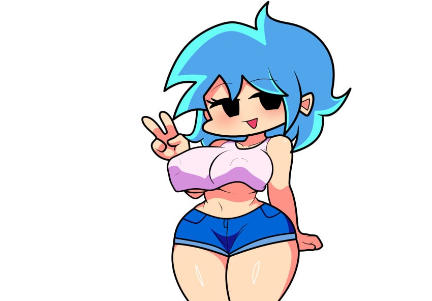 1female 1girls big_breasts blue_hair boyfriend_(friday_night_funkin) crop_top_overhang exposed_midriff female_boyfriend_(friday_night_funkin) fnf fnf_mod fnf_mods friday_night_funkin friday_night_funkin_mod genderswap_(mtf) hourglass_figure nipples_visible_through_clothing no_bra peace_sign rule_63 shiny_thighs tagme thick_thighs underboob wide_hips