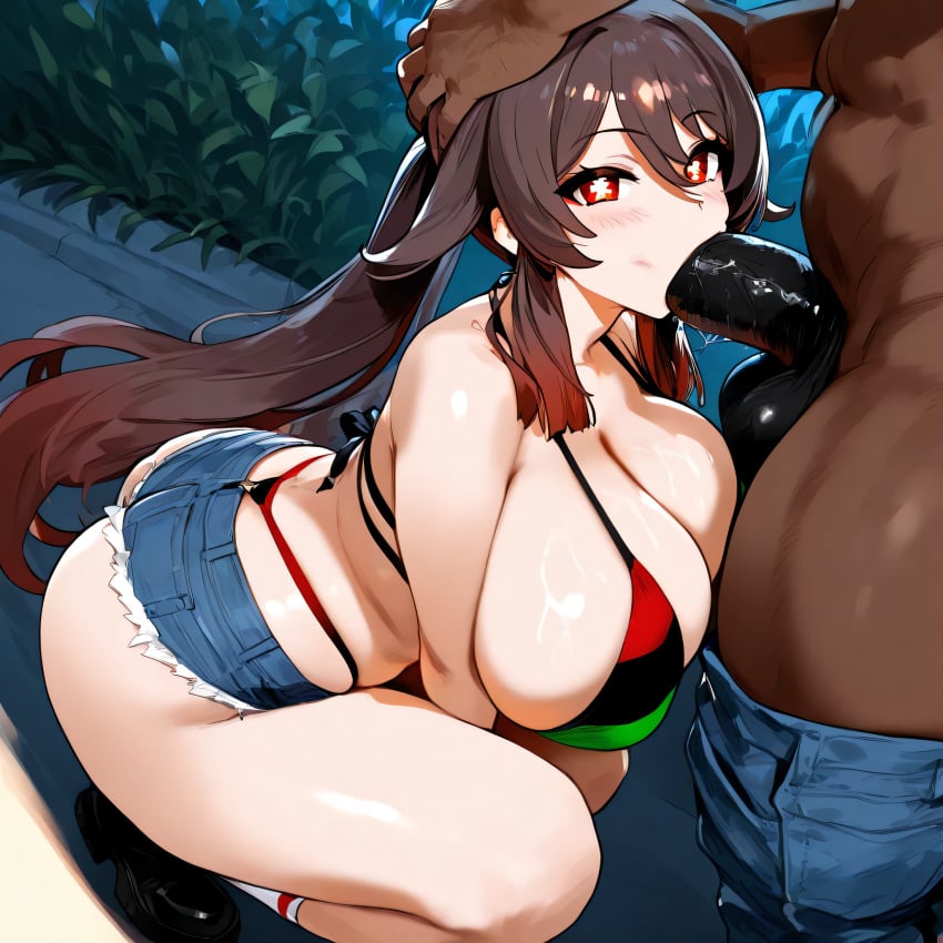 1boy 1girls ai_generated ass ass_focus back bare_shoulders big_ass big_breasts big_butt bikini blowjob blowjob_face breast_grab brown_hair dark-skinned_male dark_skin denim_shorts erection evening fellatio from_behind genshin_impact grabbing group hu_tao_(genshin_impact) huge_ass huge_breasts huge_butt imminent_sex jean_shorts jeans large_ass large_breasts large_butt long_hair looking_back medium_breasts multiple_boys muscular_male night oral oral_penetration oral_sex outdoors pan-african_flag_bikini plump plump_ass red_eyes sex standing thick thick_ass thick_legs thick_thighs walking wide_hips wide_thighs