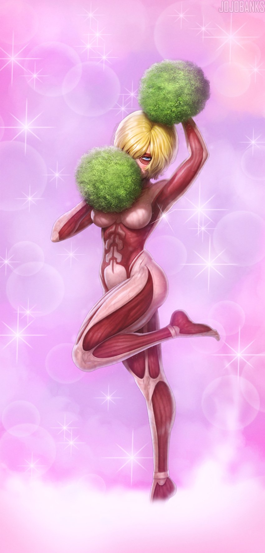 anime annie_leonhardt armpit attack_on_titan blonde_hair blue_eyes blush blushing_at_viewer cheerleader fanart female_titan hair_over_one_eye jojobanks looking_at_viewer monster_girl short_hair shy solo solo_female