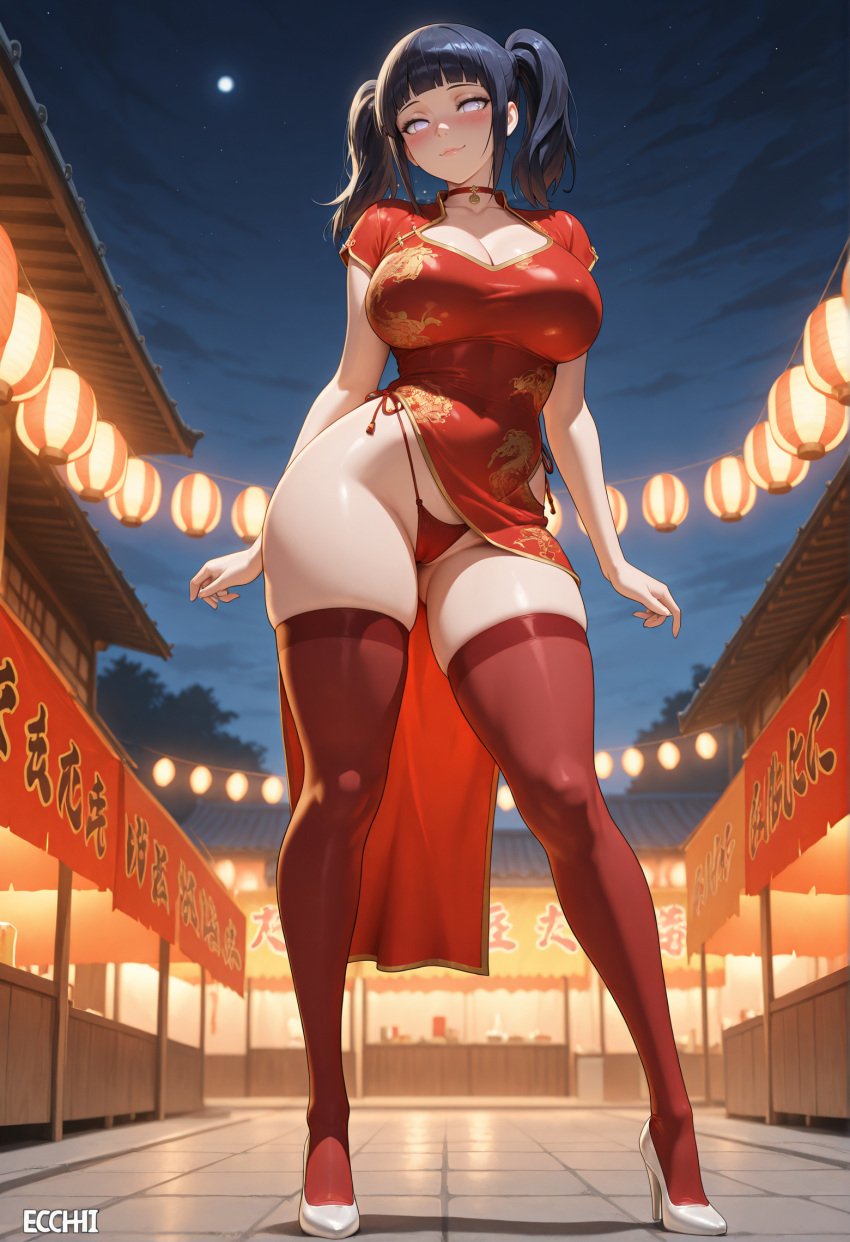 ai_generated big_ass big_breasts chinese_clothes chinese_dress curvy curvy_figure festival high_heels hyuuga_hinata naruto naruto_(series) naruto_shippuden outdoors outside panties posing red_clothing seductive seductive_eyes seductive_look seductive_smile thick_thighs wide_hips